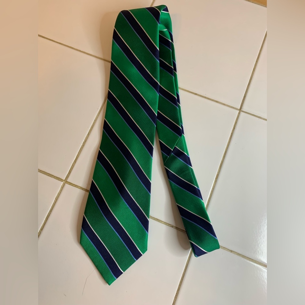 Green tie with blue and white diagonal stripes by Chaps.
